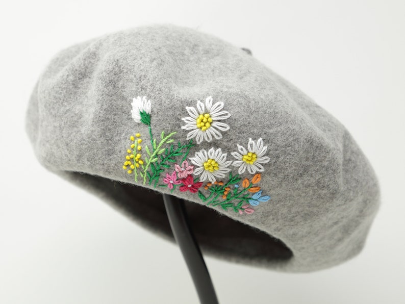 Embroidered Beret Hand Embroidered Hat Wool Beret Winter Beret Sunflower Hat Light Grey Winter Hat Beret Hat