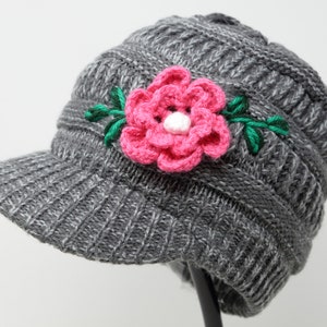 Hand Crochet Large Flower Acrylic Beanie Skull Cap Warm Winter Hat Faux Fur Lined Hand Embroidered