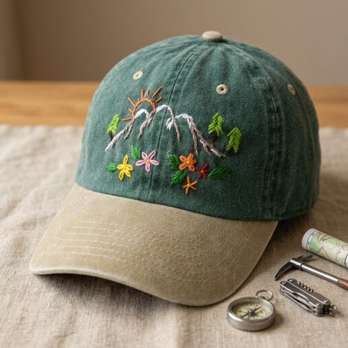 Hand Embroidered Mountain Flower Trees 2 Tone Green Beige  display picture 3