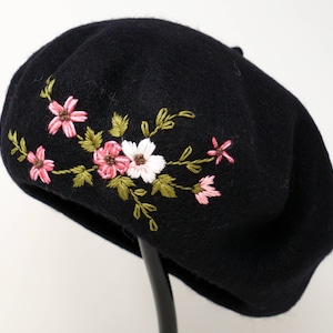 French Wool Beret Hat, Hand Embroidered Cute Flower Beret, Black Winter Hat, Winter Cold Weather Beret