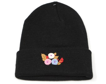 Winter Knit Beanie Hat, Hand Embroidered Flower Rose Cap Warm Acrylic Black