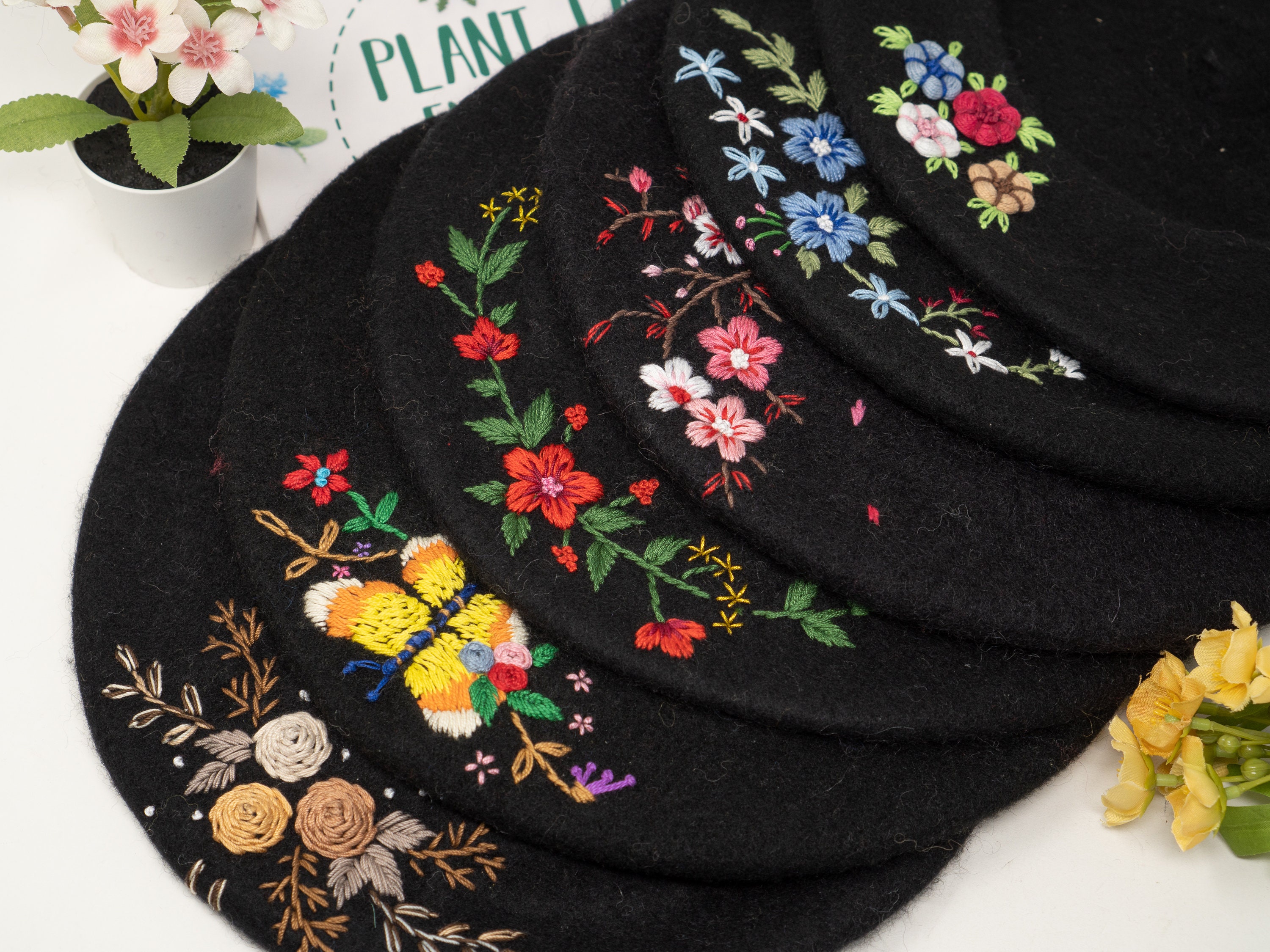 9374 Women\'s Beret, Floral Black, One Size Fits Black Wool Beret With Elegant Floral Embroidery - Feminine  main image 3