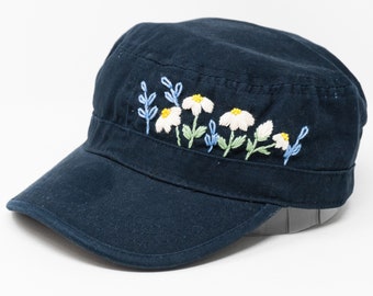 Hand Embroidered Floral Design Navy Blue Cadet Patrol Flat Hat: Unique and Stylish Accessory for Women