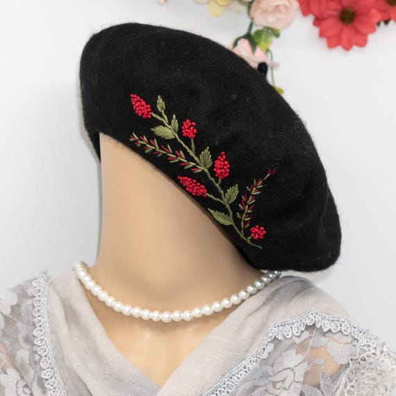Holiday Black Wool Beret – Hand Embroidered Red Floral  display picture 3