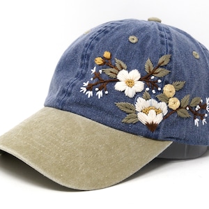 Embroidered Flower Cotton Cap Blue Beige - One-of-a-Kind Hat with Beautiful Stitching and Curved Brim for Fashionistas