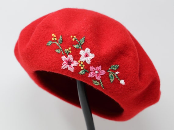 Hand Embroider Colorful Wild Flower Blossom Wool Beret Hat  display picture 2