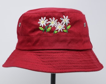 Hand bestickter Daisy Flower Bucket Hat, leichter faltbarer kurzer Krempe Sonnenhut, Outdoor Sommer Mütze