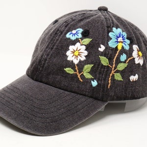Hand Embroidered Flower Demin Jean Cotton Baseball Cap, Hand ...