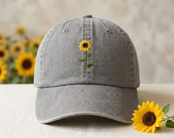 Baseballpet met zonnebloem geborduurde bloem, gewassen katoenen zomerhoed met gebogen rand