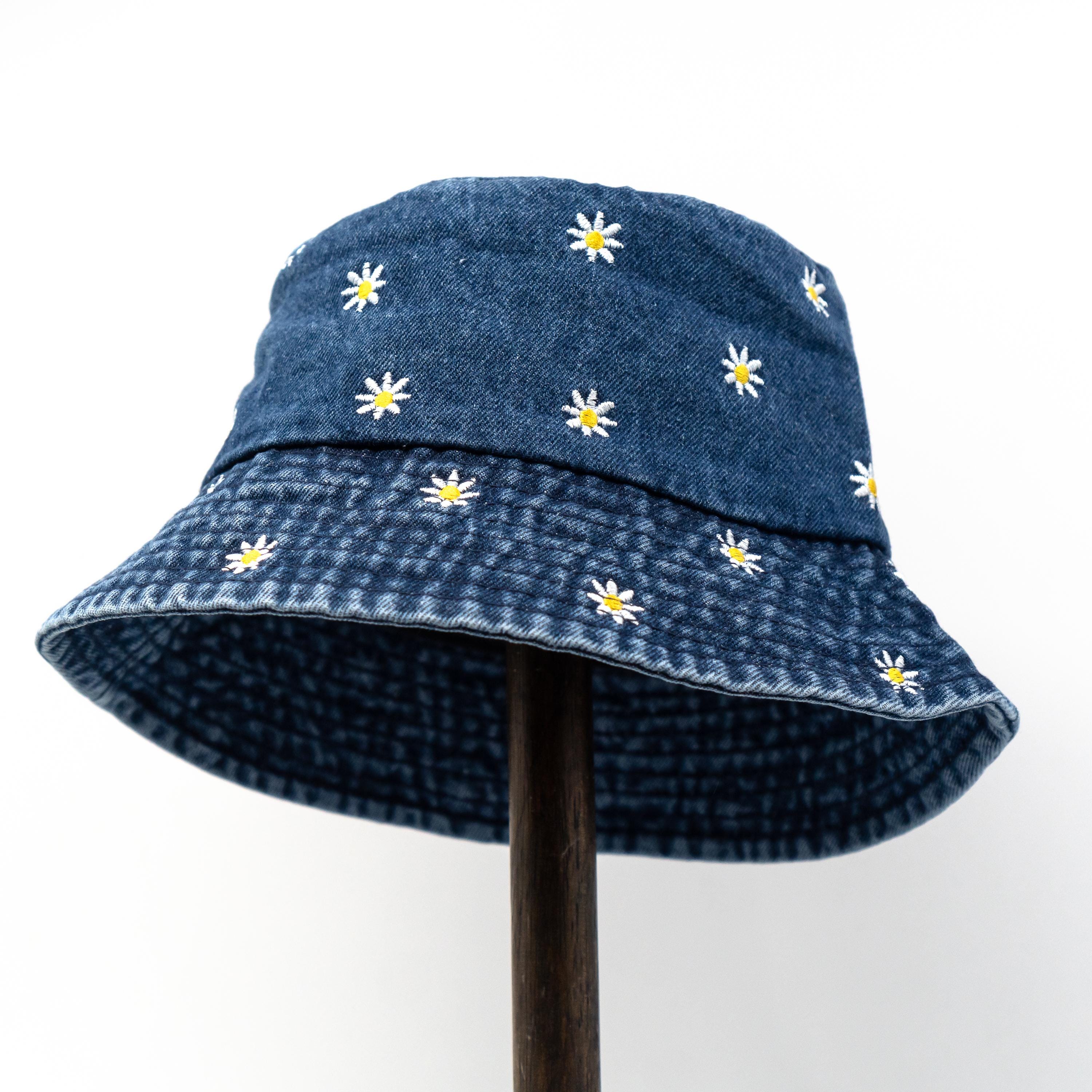 Denim Cotton Bucket Hat with Daisy Embroidery for Outdoor Activities Denim blue/flowers Embroidered Denim Bucket Hat for kids  main image 4