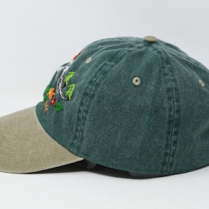 Hand Embroidered Mountain Flower Trees 2 Tone Green Beige Wash cotton Baseball Cap Summer Sun Hat image 4