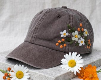 Hand Embroidered Flower Baseball Cap, Washed Cotton Curved Brim Baseball Hat, Cute Outdoor Summer Hat