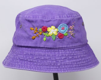 Washed Cotton Bucket Hat, Hand Embroidered Flower Cap Short Brim Demin Jean Purple,