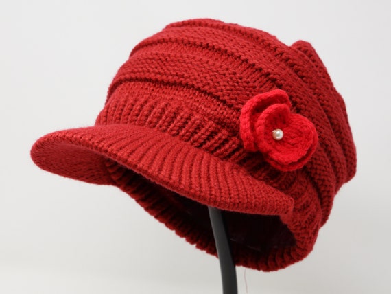Winter Warm Knit Hat Crochet Visor Brim Cap with Flower Accent YOLAI Women Winter Warm Knit Hat Crochet Visor Brim Cap with  main image 4