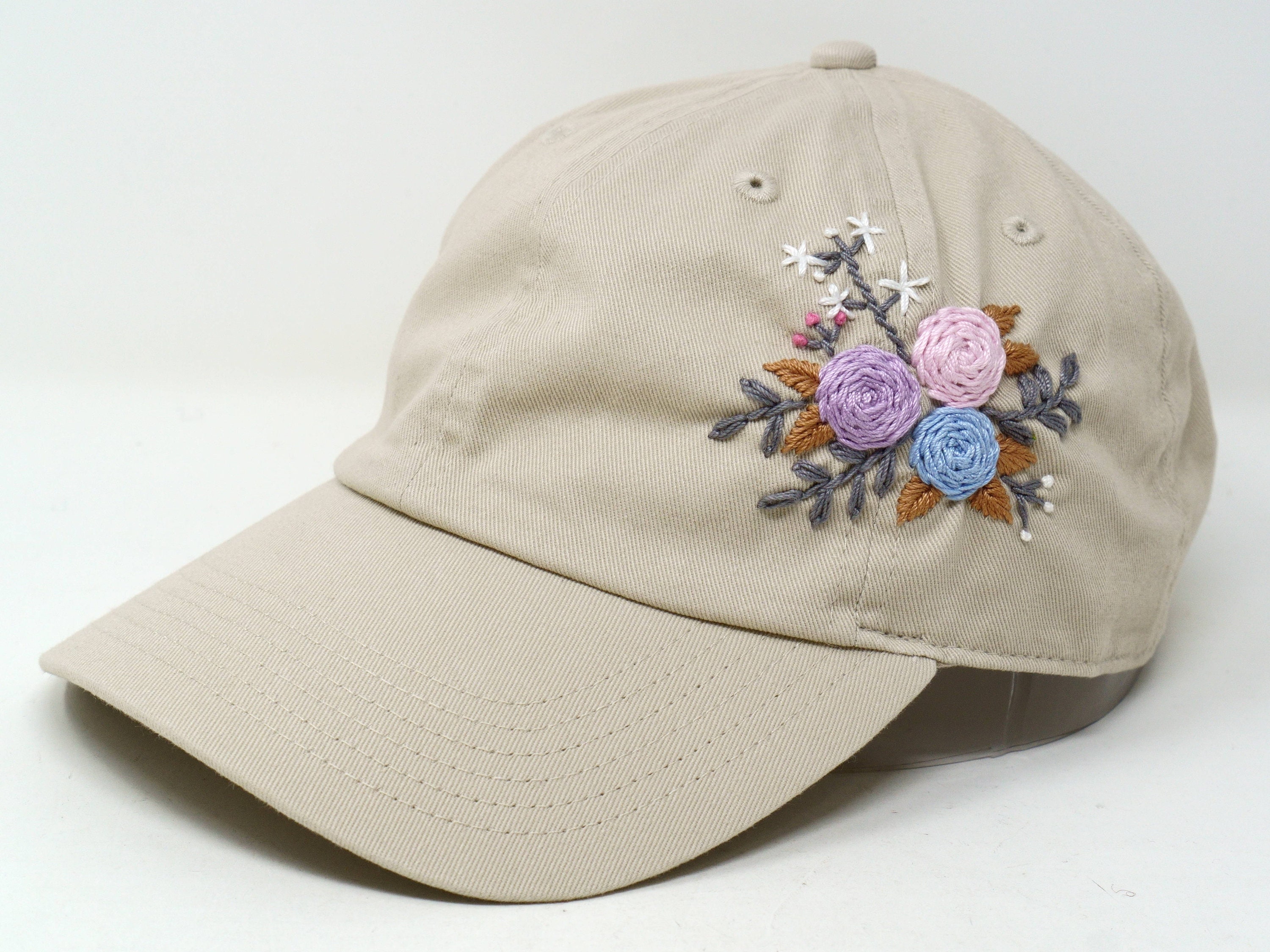 100% Cotton Baseball Cap, Hand Embroidered Rose Flower Hat