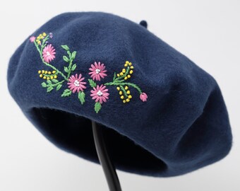 100% Wool French Beret Hat, Handmade Warm Winter Cap Hand Embroidered Pink Flower Hat Navy Blue