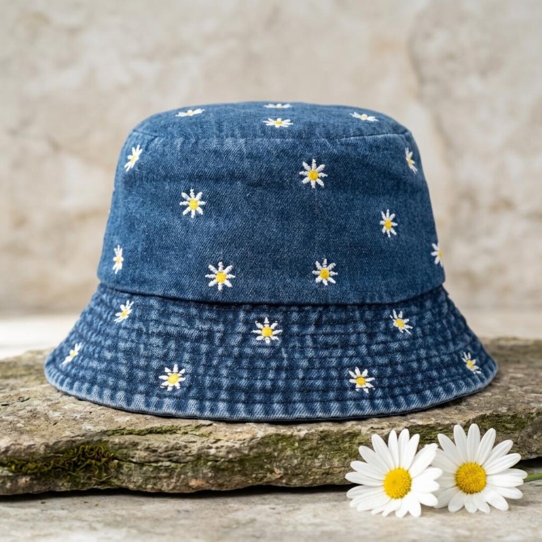Denim Daisy Bucket Hat – Cute Embroidered Floral Sun Hat  display picture 3