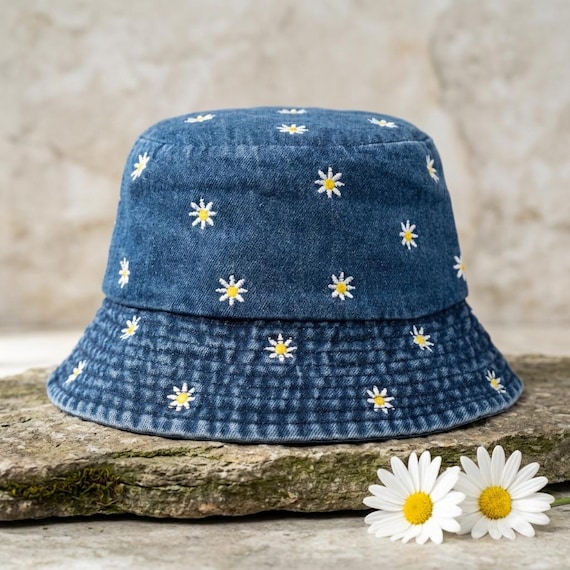 Denim Daisy Bucket Hat – Cute Embroidered Floral Sun Hat  display picture 3