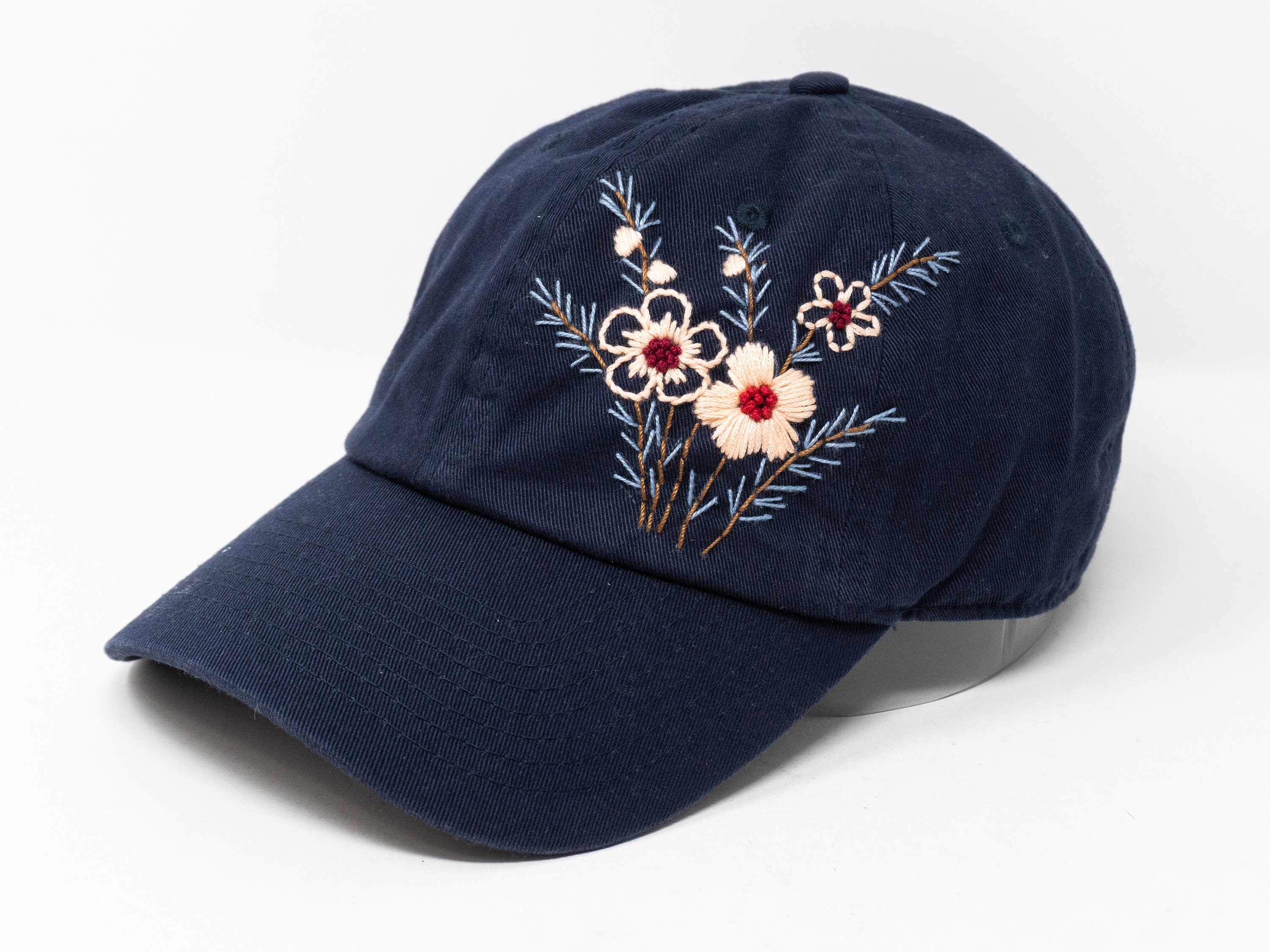 Flower-adorned Curved Brim Baseball Cap in Navy Blue – Hand