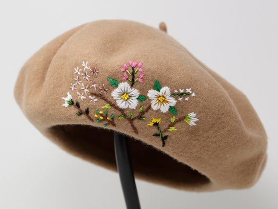 4991 Daisy Flower Hat Handmade Wool Beret French Style Needle Felt Flower Chiffon Flowers Beret, White Wool Beret Hat, French Beret  main image 4