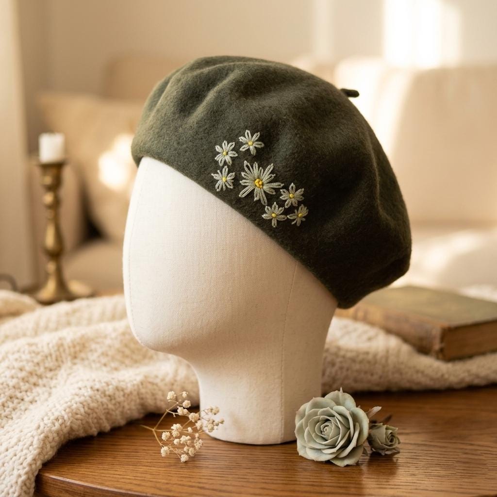 French Wool Beret Hat, Hand Embroidered Daisy Flower Beret 