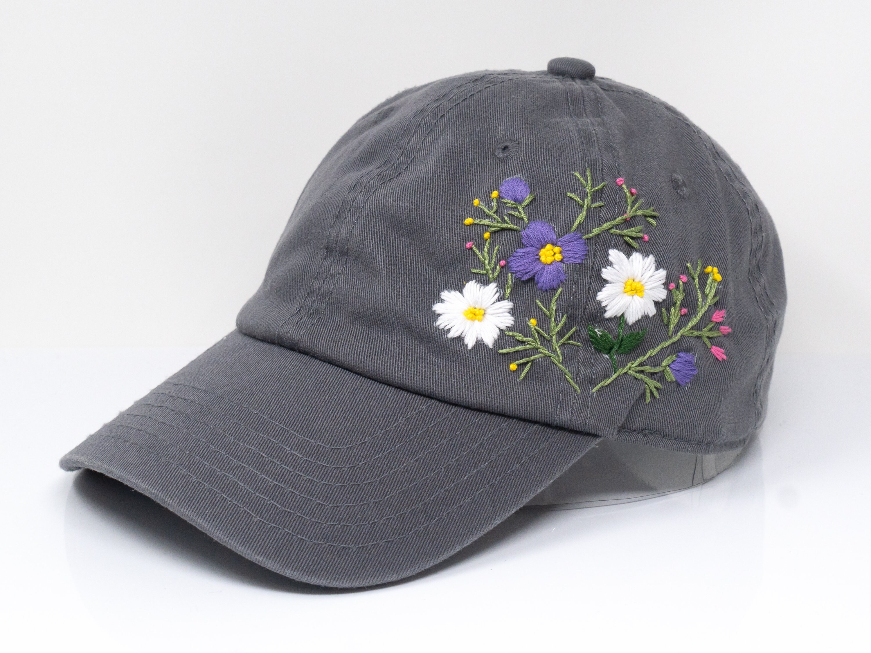 Floral Embroidered Gray Hat Garden Flowers, Hand Designed and Embroidered Medium Gray  main image 4