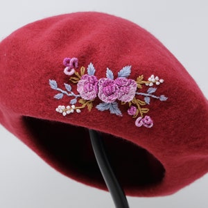 Beret Hat, Flower Hat, Wool Beret, Hand Embroidered Hat, Embroidered Beret, Red Winter Hat, Winter Beret