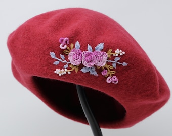 Beret Hat, Flower Hat, Wool Beret, Hand Embroidered Hat, Embroidered Beret, Red Winter Hat, Winter Beret