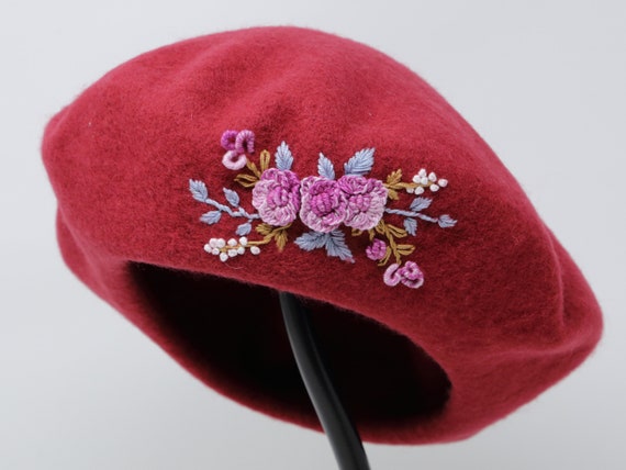 Beret Hat, Flower Hat, Wool Beret, Hand Embroidered Hat 