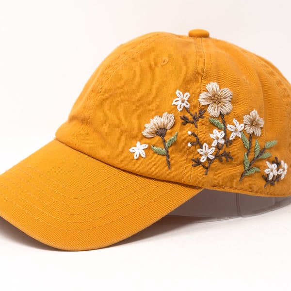 Garden Blooms: Washed Cotton Mustard Yellow Baseball Cap with Flower Embroidery – Perfect Summer Accessory