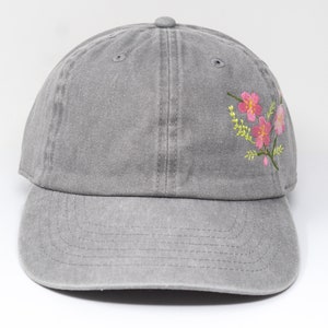 Flower Embroidered Cherry Blossom Sakura Baseball Cap, Washed Cotton Curve Brim Summer Hat Grey image 2