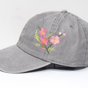 Flower Embroidered Cherry Blossom Sakura Baseball Cap, Washed Cotton Curve Brim Summer Hat Grey image 3