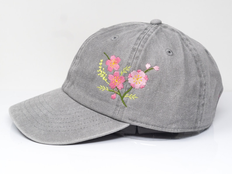 Flower Embroidered Cherry Blossom Sakura Baseball Cap, Washed Cotton Curve Brim Summer Hat Grey image 3