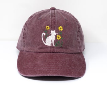 Cat and Flower Embroidered Kitten Baseball Cap, Washed