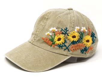 Wash Cotton Baseball Cap, Hand Embroidered Floral Sunflower Hat, Curved Brim Baseball Hat, Beige Colorful Summer Cap