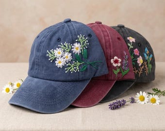 Wash Cotton Baseball Cap, Hand Embroidered Flower Hat, Mix Floral Garden Gift Hat, Colorful Summer Sun Cap
