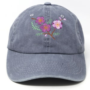 Flower Embroidered Cherry Blossom Sakura Baseball Cap, Washed Cotton Curve Brim Summer Hat Grey