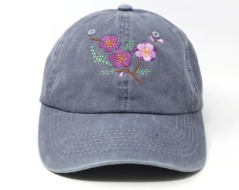 Flower Embroidered Cherry Blossom Sakura Baseball Cap, Washed Cotton Curve Brim Summer Hat Grey