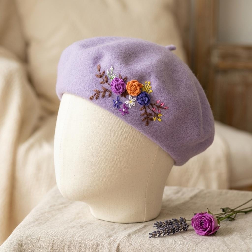 Beret Hat, Flower Hat, Wool Beret, Hand Embroidered Hat  display picture 3