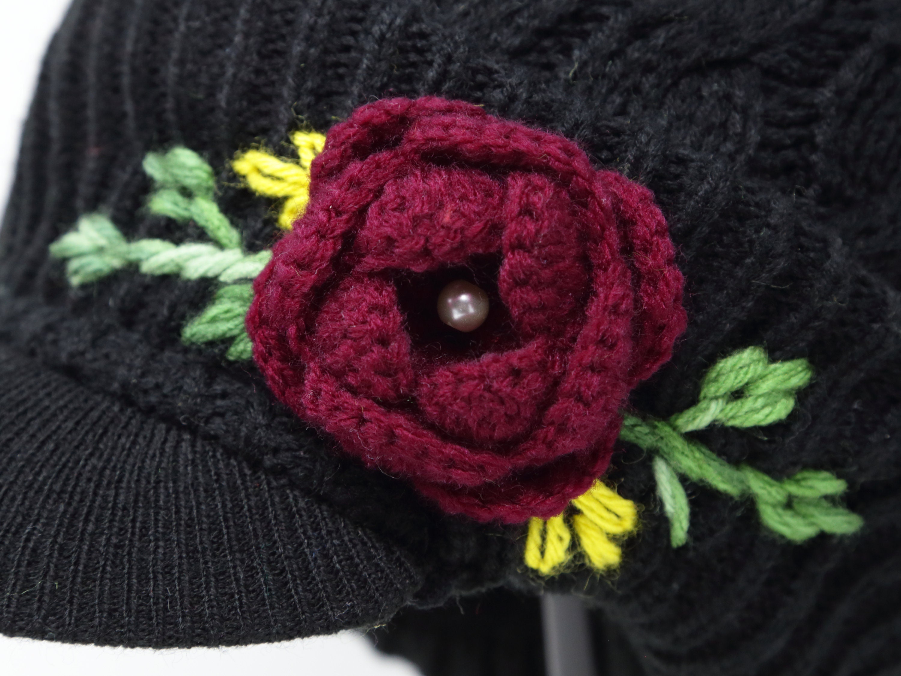 Winter Beanie Visor Hat, Hand Crochet Embroidered Flower Hat 