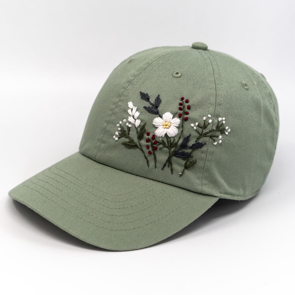 Sage Green Floral Baseball Cap – Hand-embroidered Hat With White and ...