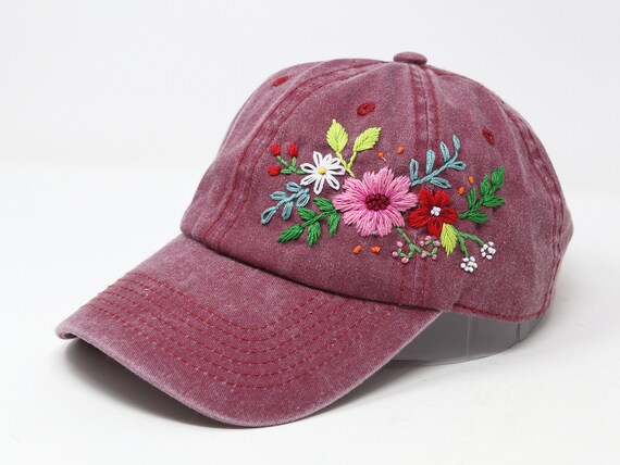 Wash Cotton Baseball Cap, Hand Embroidered Pink Red Flower  display picture 1