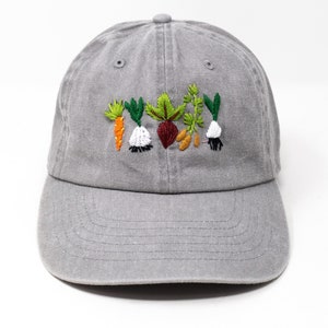 Hand Embroidered Mixed Vegetable Vege Garden Baseball Hat, Curved Brim Baseball Hat, Colorful Sun Summer Cap Gray