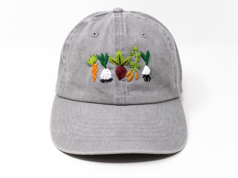 Hand Embroidered Mixed Vegetable Vege Garden Baseball Hat, Curved Brim Baseball Hat, Colorful Sun Summer Cap Gray