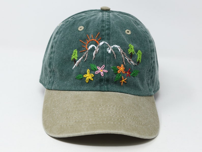 Hand Embroidered Mountain Flower Trees 2 Tone Green Beige Wash cotton Baseball Cap Summer Sun Hat Green beige