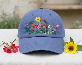 Casquette de baseball en coton faite main, chapeau de jardin fleuri brodé à la main, casquette de baseball à bord incurvé, casquette de soleil d'été