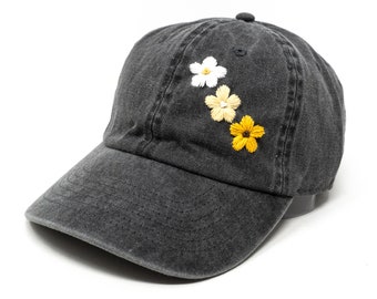 Gorra de béisbol de algodón con lavado bordado a mano única con acento floral, gorra de verano de béisbol con ala curva