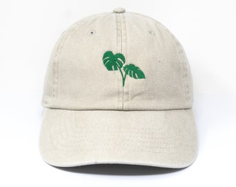 Monstera Embroidered Tropical Plant Green Leaf Baseball Cap, Washed Cotton Curve Brim Summer Hat