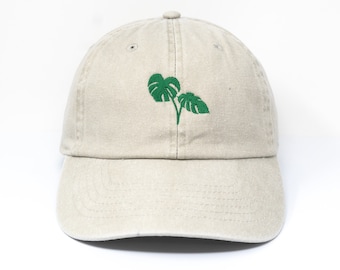 Monstera Embroidered Tropical Plant Green Leaf Baseball Cap, Washed Cotton Curve Brim Summer Hat