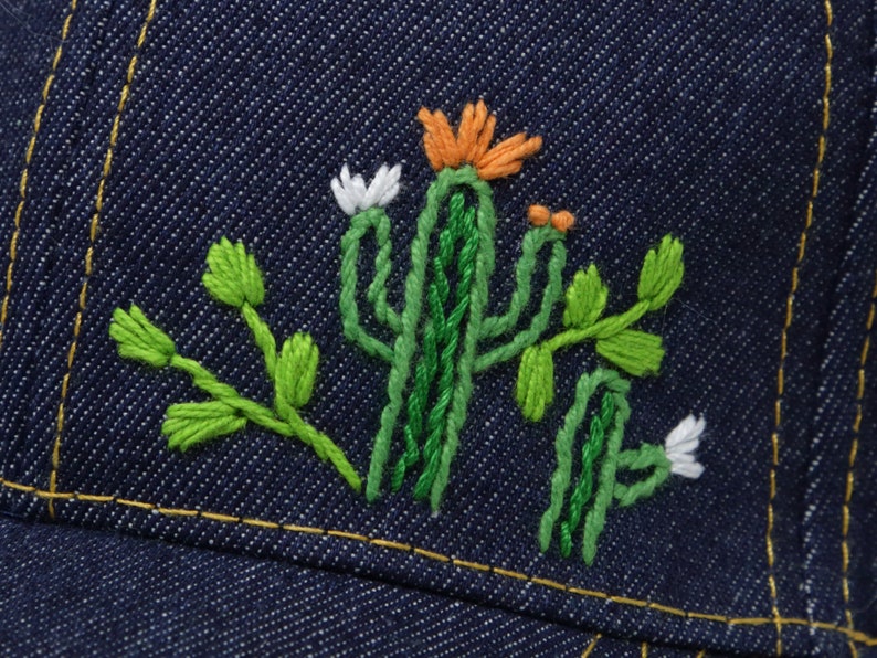 Cute Cactus Hand Embroider Trucker Cap, Demin Jean Baseball Cap Summer Hat, Navy Blue Demin Dad Cap image 4